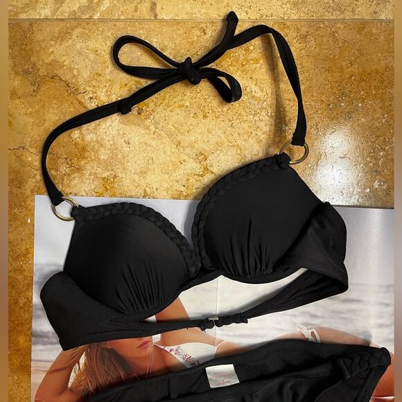 NEW Xhilaration Grecian Braided Hip Moderate Bikini Swim Bottom Black NWOT Sz S - Picture 6 of 14